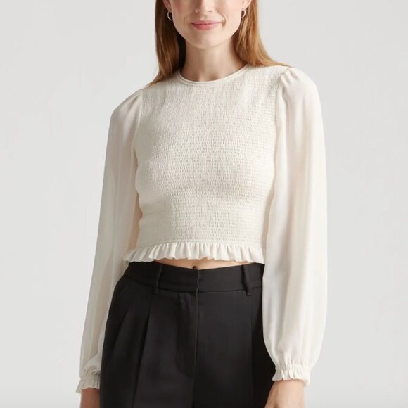 Quince Chiffon Cropped Smocked Blouse - Picture 1 of 7